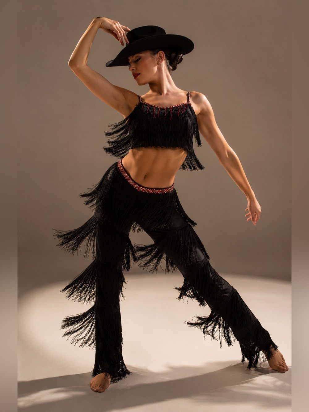 Weissman Black Fringe 2-Piece Dance Costume Set Red Rhinestones XS Adult